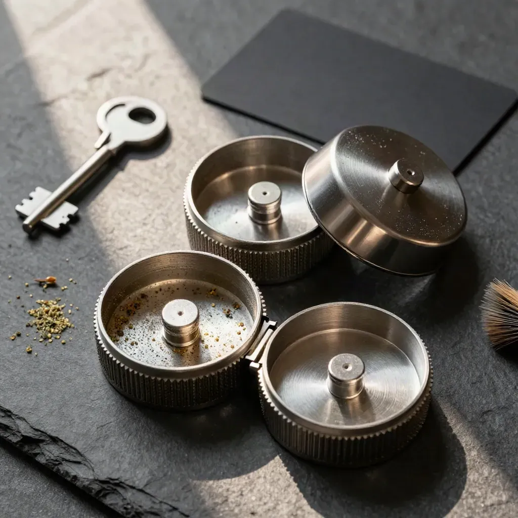 Overhead flatlay of an open brushed-metal 4-piece grinder with a small brush and herb dust.
