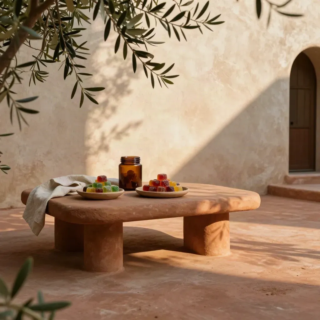 Terracotta courtyard with olive branches, linen, and cannabis edibles in warm sunset light.
