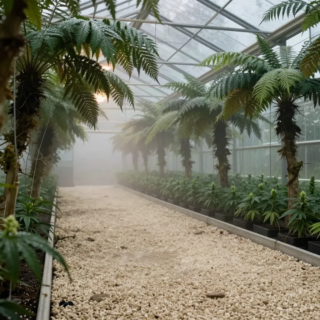 Misty greenhouse path with fern canopy, glass roof, dewy cannabis leaves, and open gravel foreground.