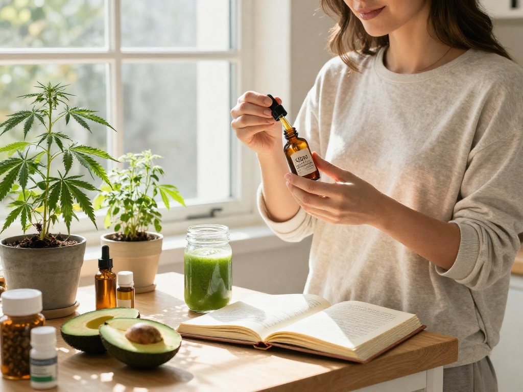 Prise d'huile de CBD et Adderall dans une cuisine lumineuse, produits naturels et bien-être