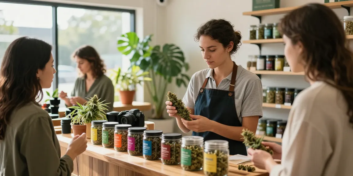 Buy Cannabis Strains Online Europe at a vibrant dispensary with various colorful strains displayed.