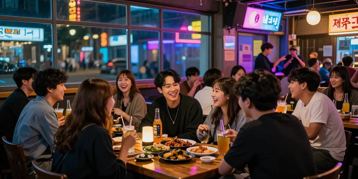 Enjoying 제주도유흥 at a lively karaoke bar with friends, vibrant atmosphere and Korean appetizers.