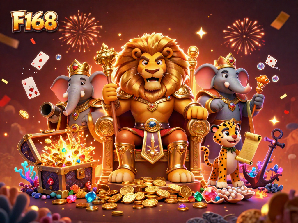 Engage with F168's vibrant casino realm featuring a lion king, elephant advisor, and cheetah messenger.