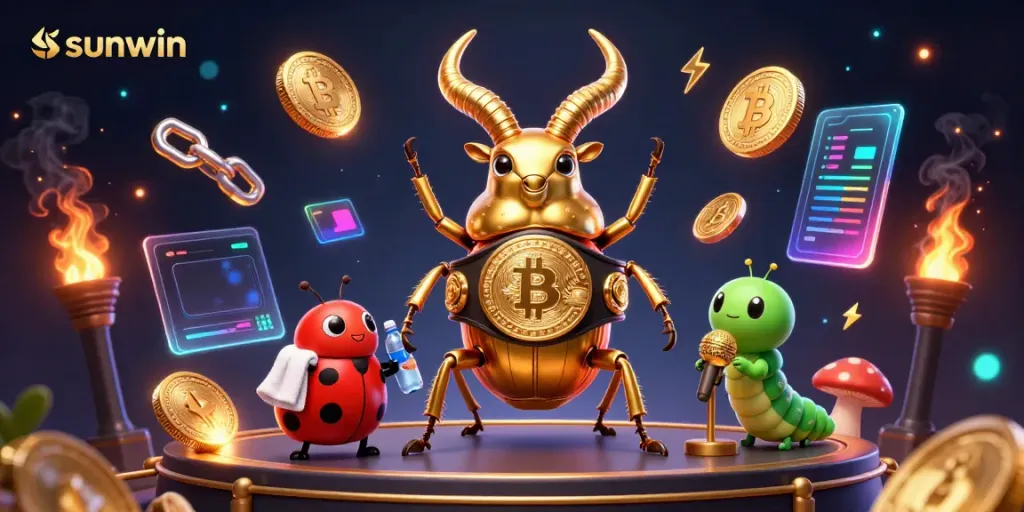 Engage with sunwin's vibrant 3D casino illustration showcasing a golden stag beetle champion featuring crypto-themed gaming elements.