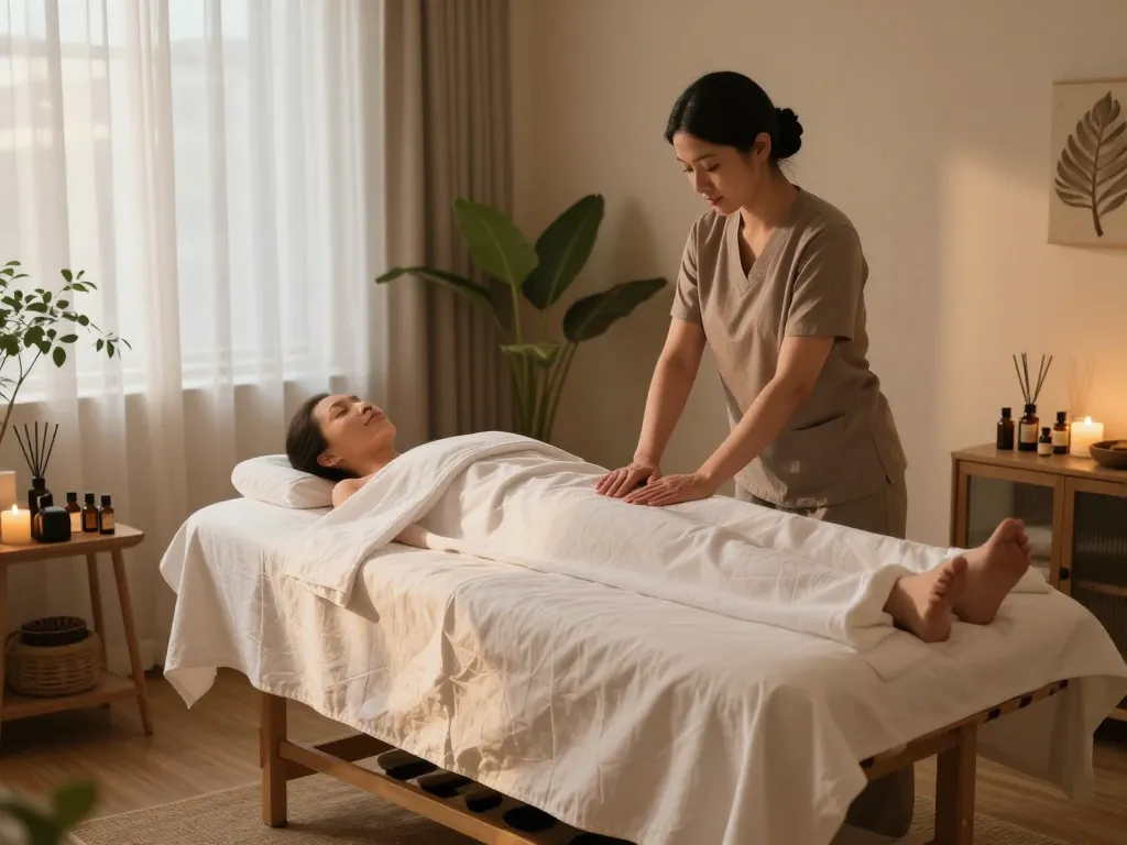 Relaxing Swedish massage therapy room setup with calming ambiance.