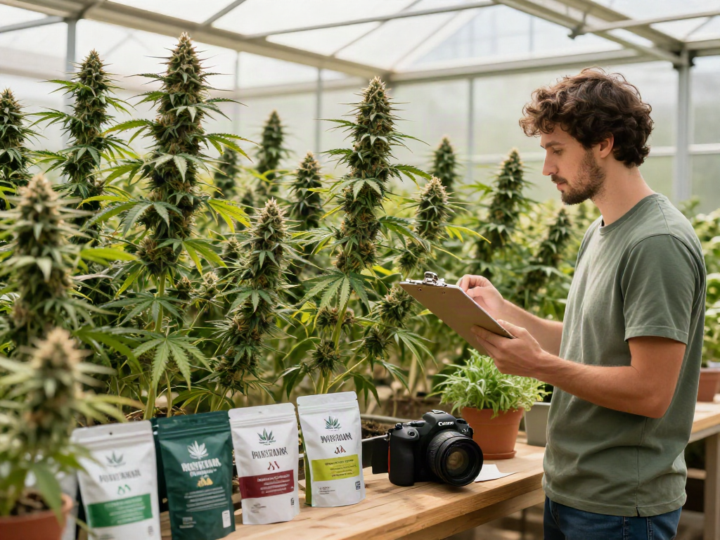Cannabis seeds for sale displayed alongside healthy cannabis plants in a sunlit greenhouse.