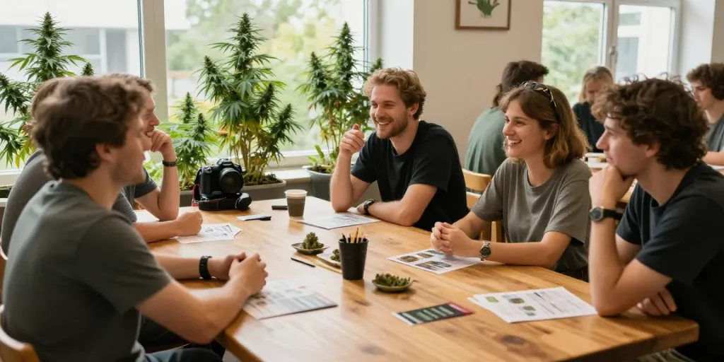 Cannabis club Lüneburg community gathering, members discussing and sharing ideas in a cozy, light-filled space.