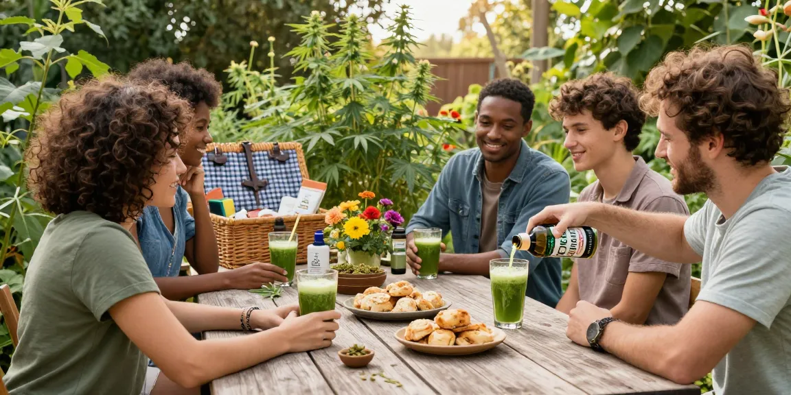 Natural wellness gathering featuring semillas Ministry of Cannabis with CBD-infused snacks, drinks, and fresh hemp plants.