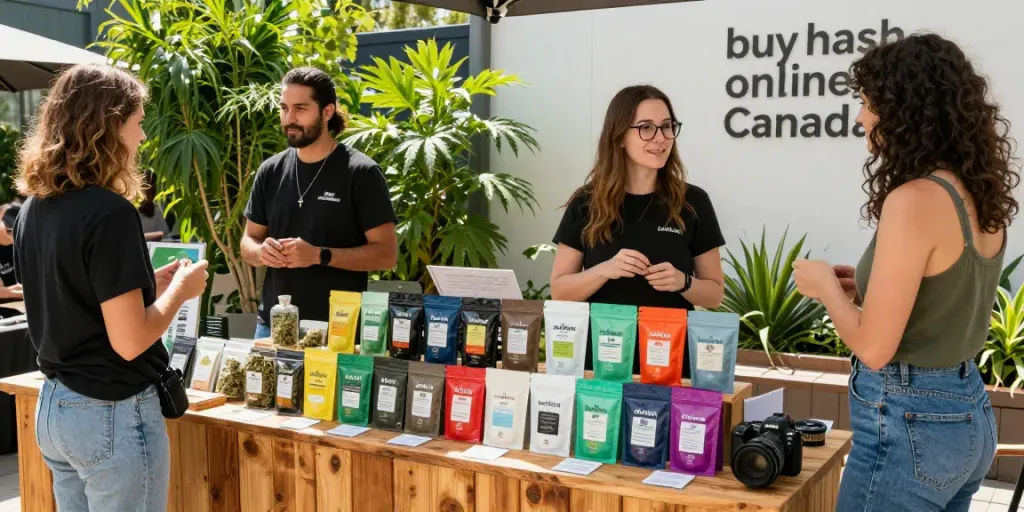 Buy hash online Canada at a lively outdoor marketplace with premium products on display.