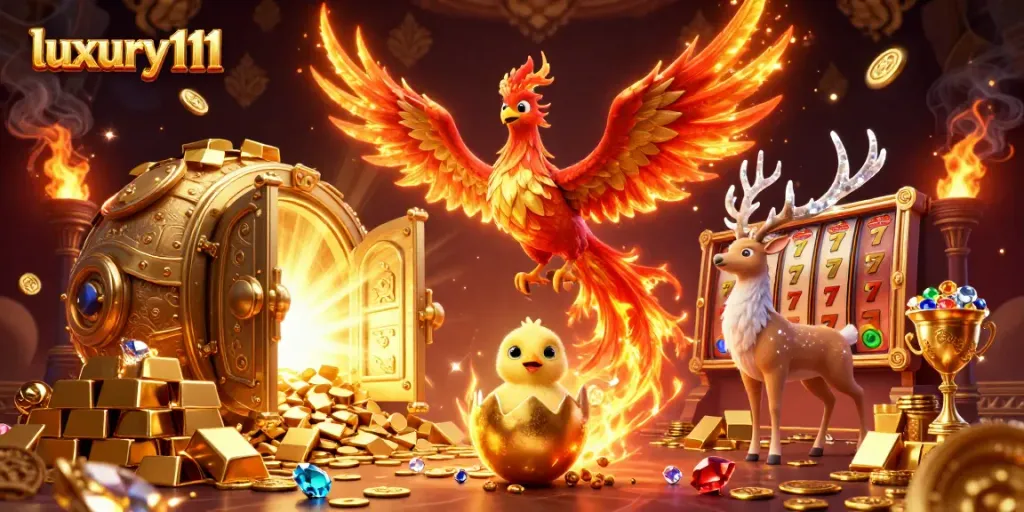 Experience the excitement of luxury111 casino with vibrant slot reels, golden treasures, and magical creatures.