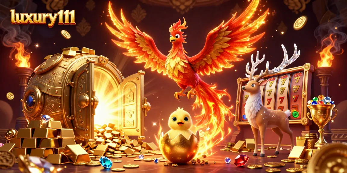 Experience the excitement of luxury111 casino with vibrant slot reels, golden treasures, and magical creatures.