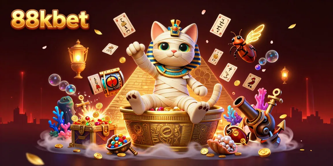 Engage with 88kbet in a vibrant casino scene featuring a mummy cat and dynamic gaming elements.