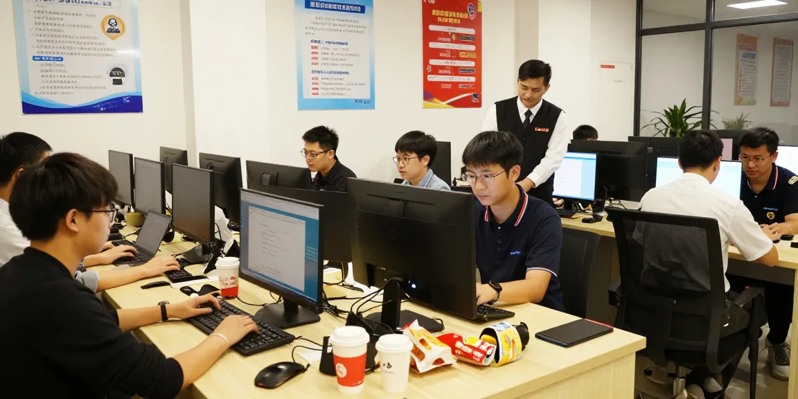 People engaged in secure browsing at https://shs-dome5.com/ in an internet cafe, showcasing cybersecurity awareness.
