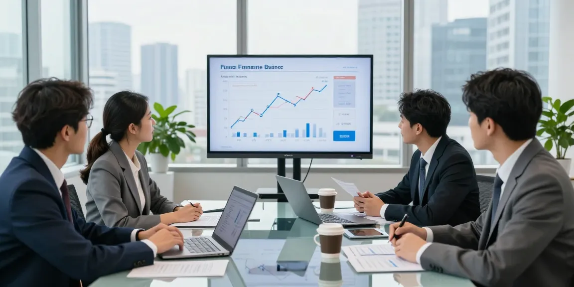 Discussing 소액결제현금화 strategies in a finance consulting office with advisors, charts, and laptops.