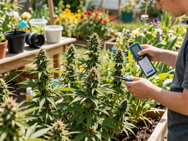 Healthy female cannabis seeds thriving in an outdoor garden setting.