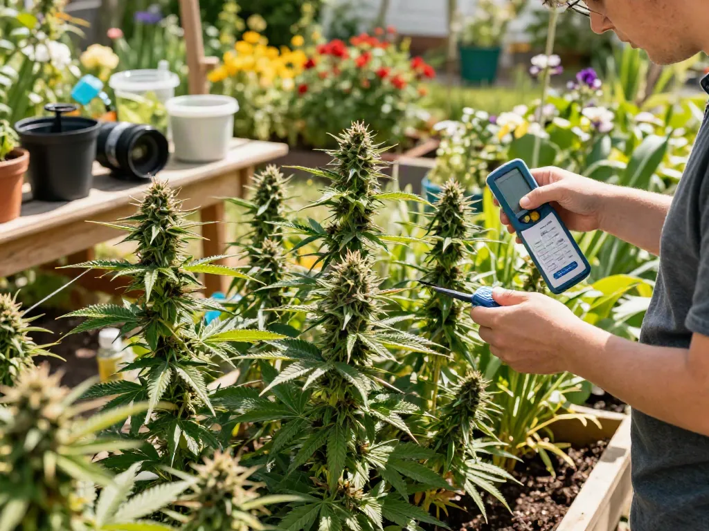Healthy female cannabis seeds thriving in an outdoor garden setting.