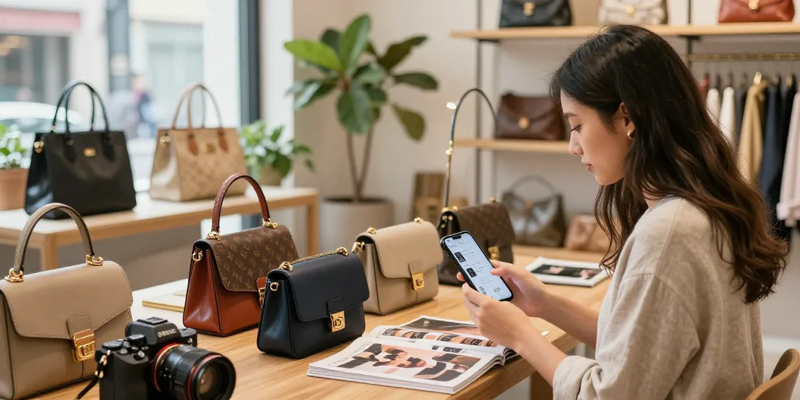 Shopper exploring 레플리카 쇼핑몰 options in a trendy urban boutique showcasing stylish replica handbags.