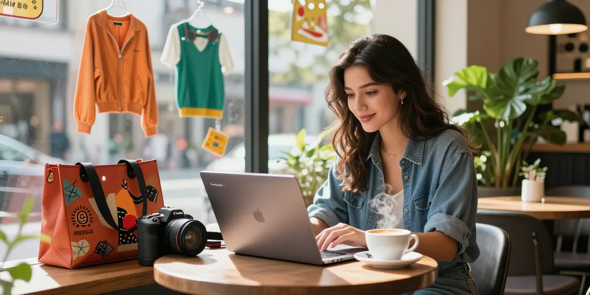 Browsing a 레플리카 사이트 in a trendy coffee shop with stylish fashion items around.