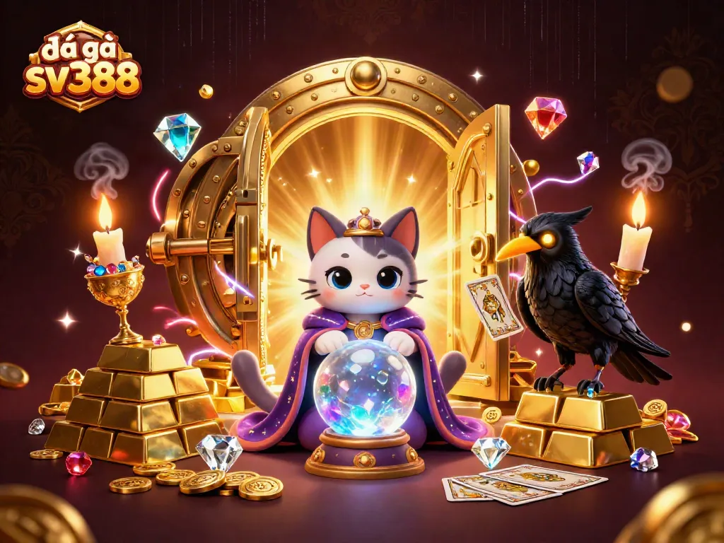 Engage in thrilling đá gà sv388 matches featuring an enchanted scene with mystical elements and treasure.