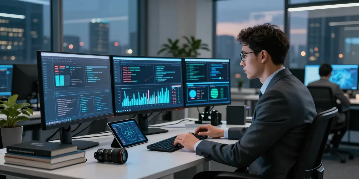 Cybersecurity professional analyzing network metrics at shs-dome5.com, showcasing a modern tech office.
