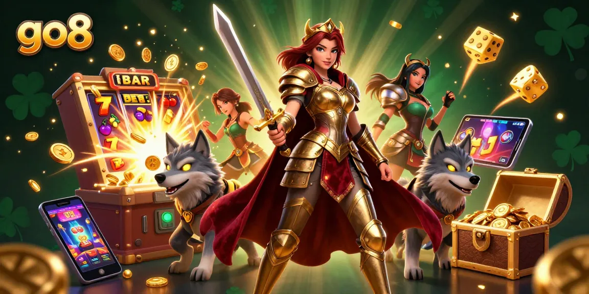 Experience thrilling jackpots at go8 with a warrior queen and her glowing companion amidst vibrant casino elements.