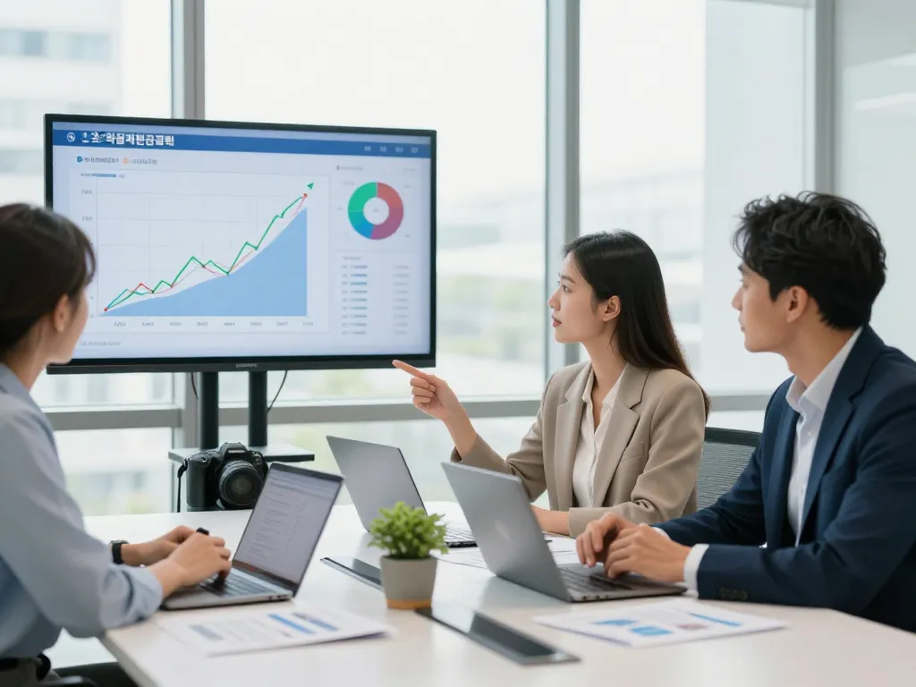 Team discussing 소액결제현금화 strategies in a modern financial services office.