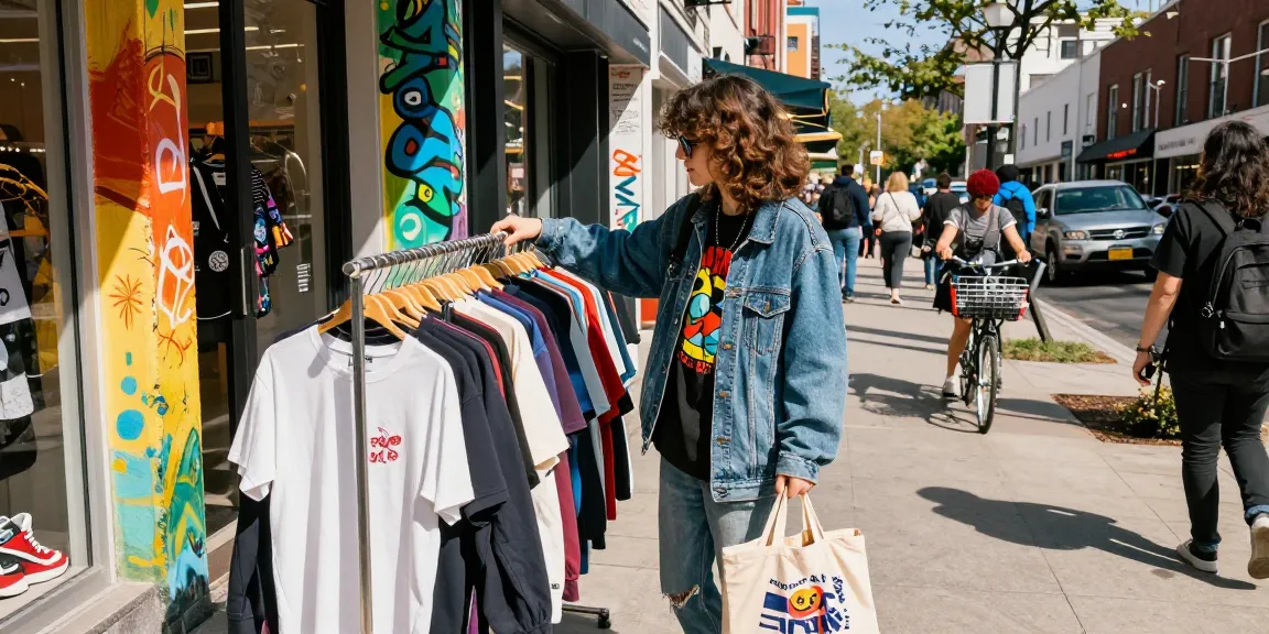Shopping experience at a 레플리카 쇼핑몰 with colorful street art and trendy outfits.