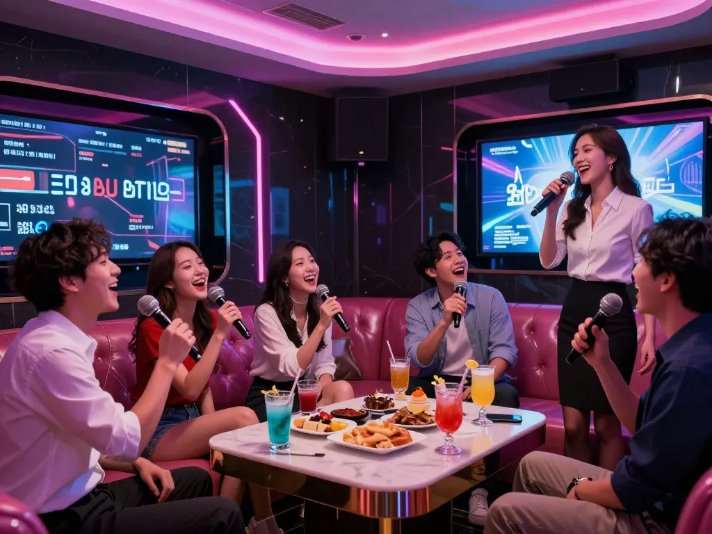 Enjoying a night out at 강남 가라오케 with friends, vibrant environment, and high-end karaoke experience.