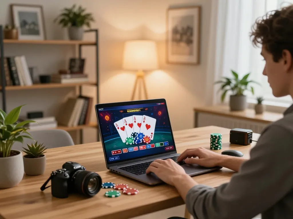 Engaged player strategizing with tr88it on laptop during an online casino session at home.