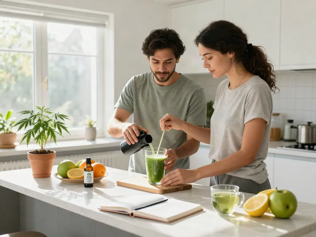 Buy weed online USA products like CBD oil and hemp extract in a bright kitchen wellness scene.