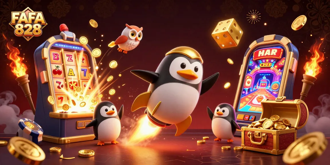 Join FAFA 828's thrilling adventure with a penguin and jackpot slot machine in a cosmic casino!