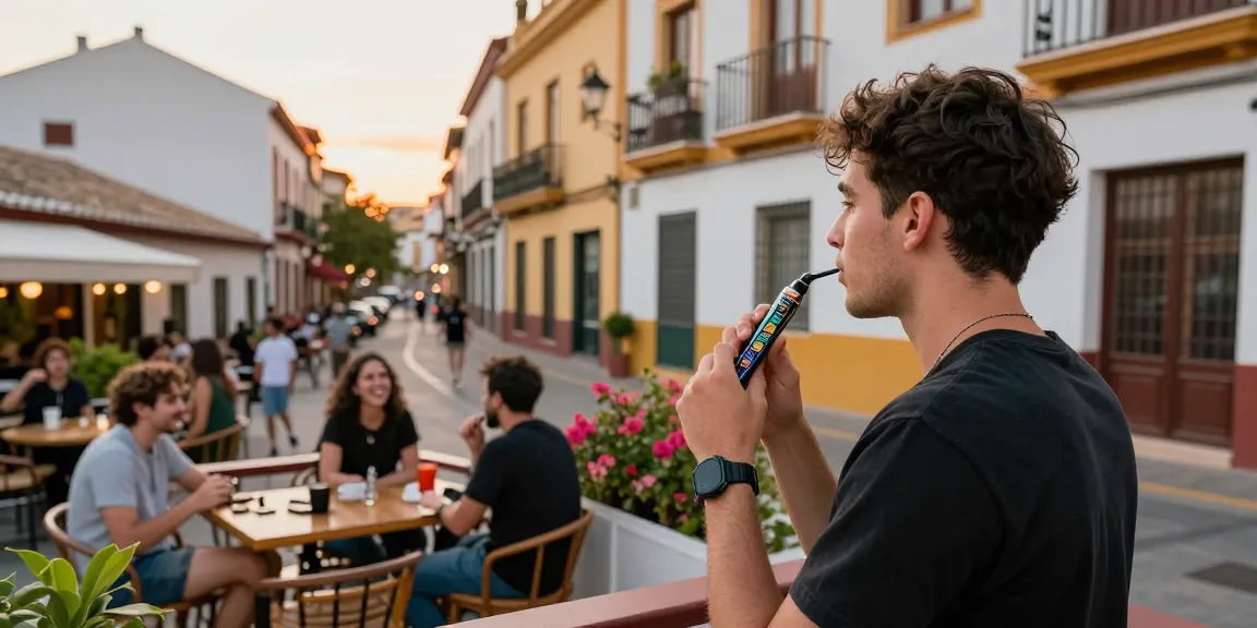 Vapes Spanien: Junge Erwachsene genießen das Vaping in einer lebhaften spanischen Stadt mit Freunden bei Sonnenuntergang.