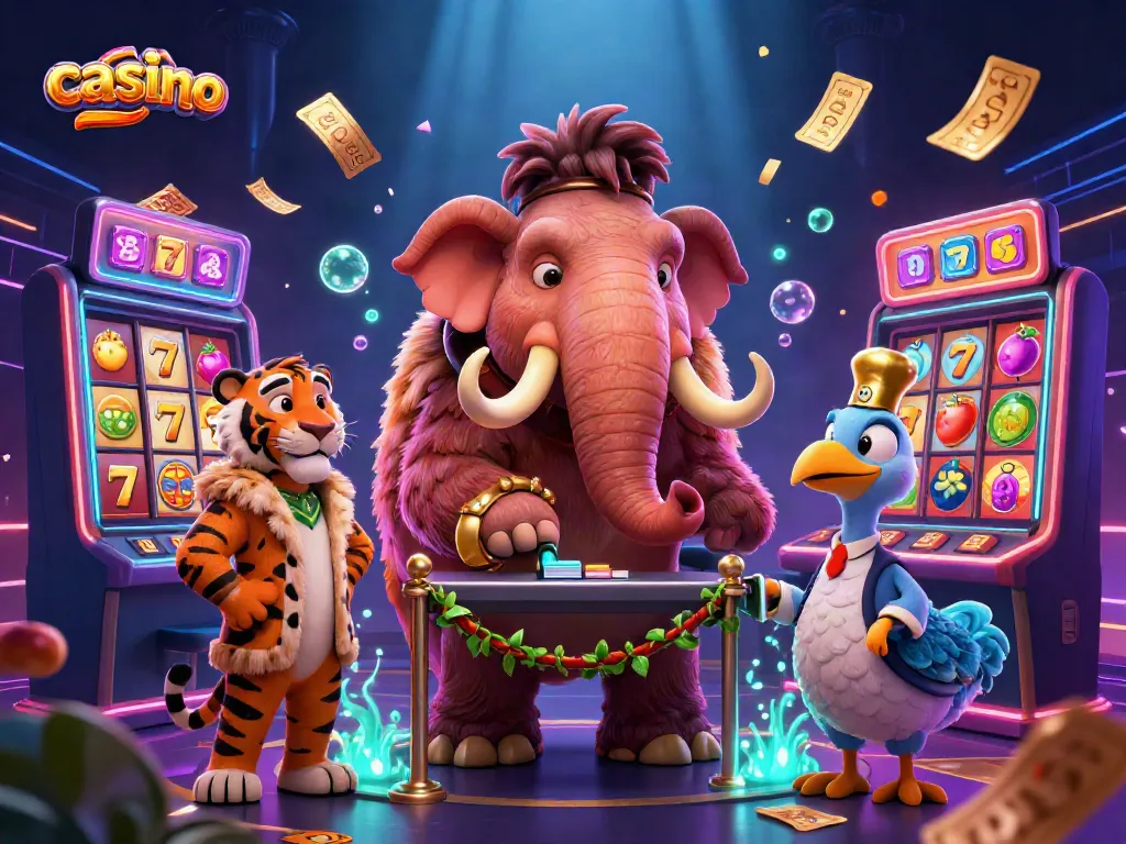 Woolly mammoth casino bouncer checking IDs, while vibrant jackpot slot elements surround the scene