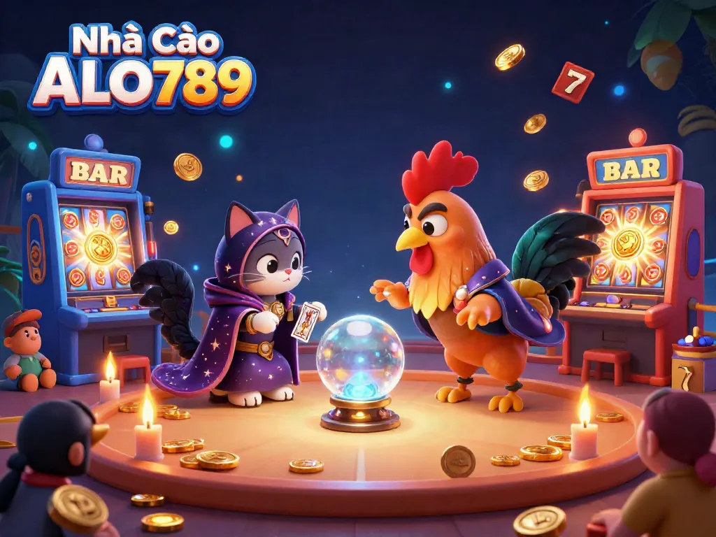 Engage with the thrilling cockfighting at Nhà Cái ALO789, illuminated by vibrant elements and mystical characters for an immersive experience.