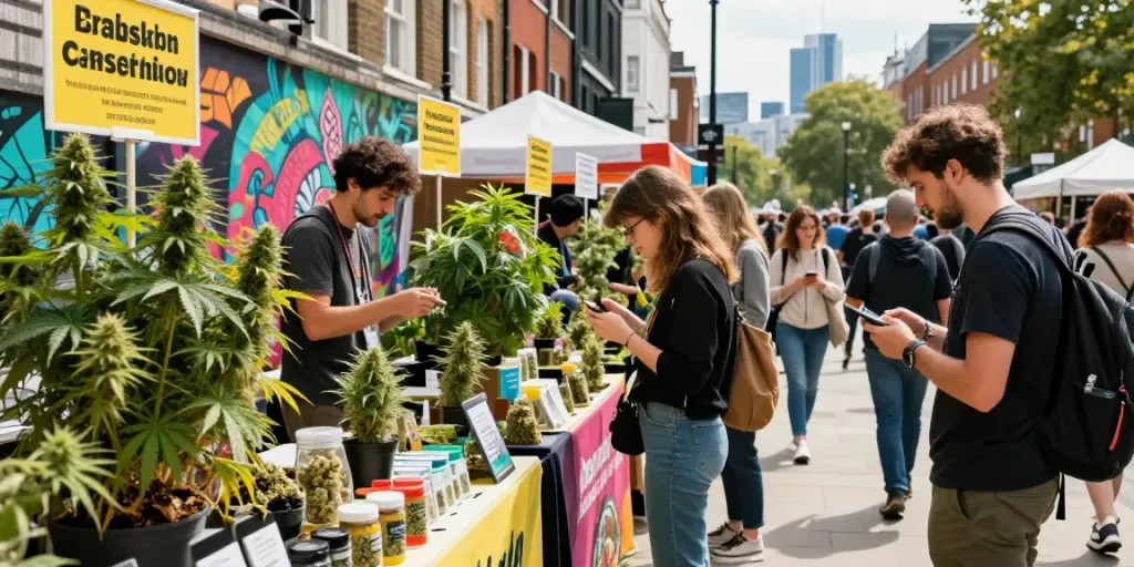 Exploring popular UK weed strains at a vibrant urban cannabis market in London.