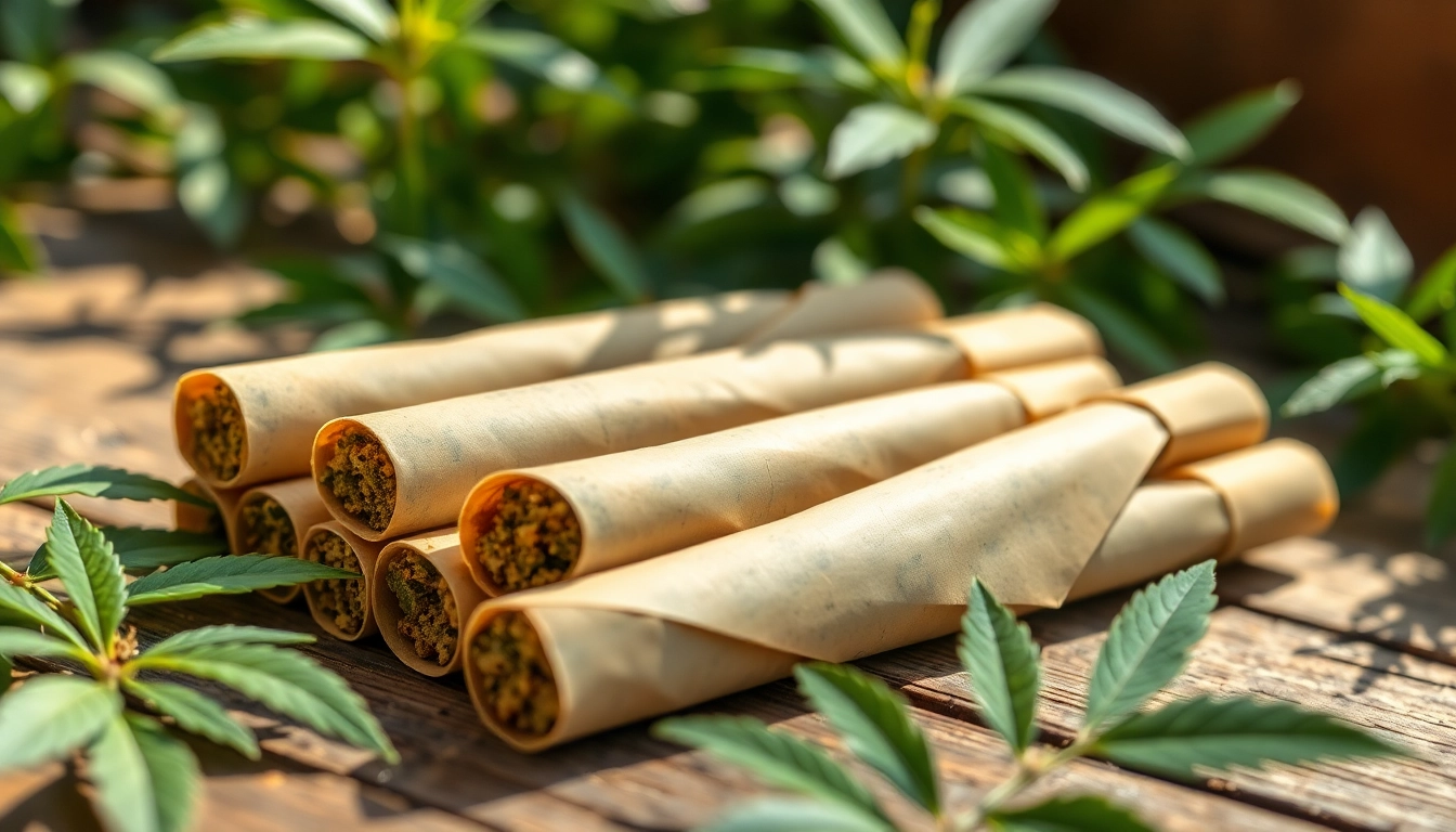 Showcasing pre rolled joints THC meticulously arranged on a wooden table with natural elements.
