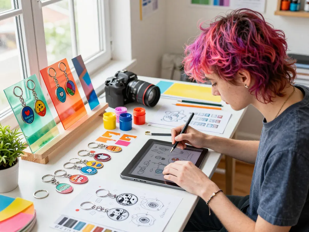 Keychain custom design in vibrant studio with materials and artist at work.