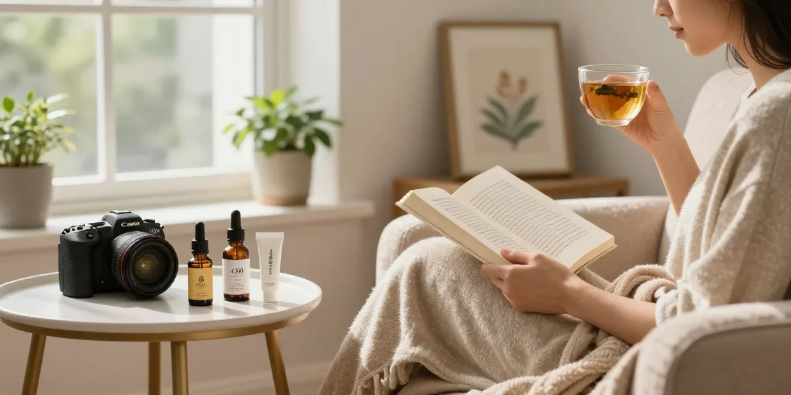 Buy CBD oil Canada in a cozy wellness corner with relaxing atmosphere, highlighting CBD products and peaceful reading.