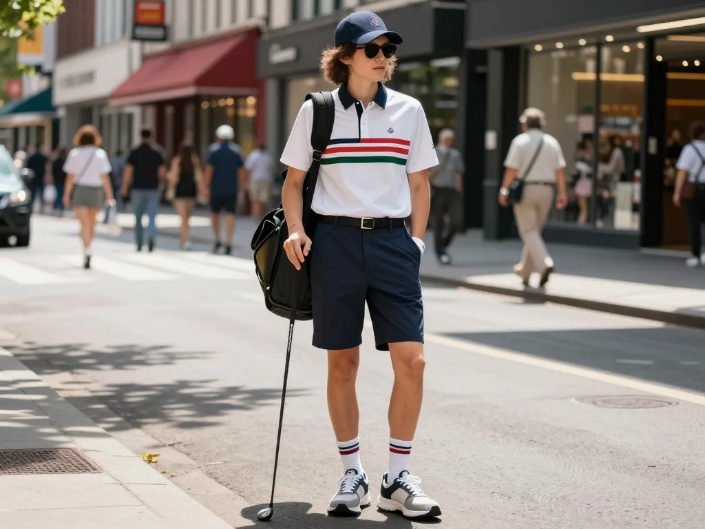 Contemporary urban fashion scene featuring a stylish individual in golf apparel, showcasing 골프웨어 레플리카 elegance and lifestyle.