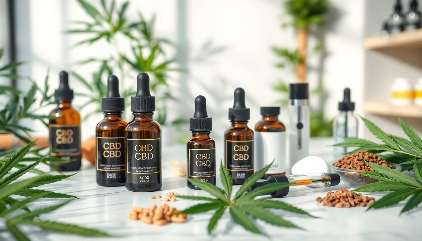 CBD-butikens display med premium CBD-olja, hampaextrakt och vape-enheter i en ren välbefinnandeatmosfär.