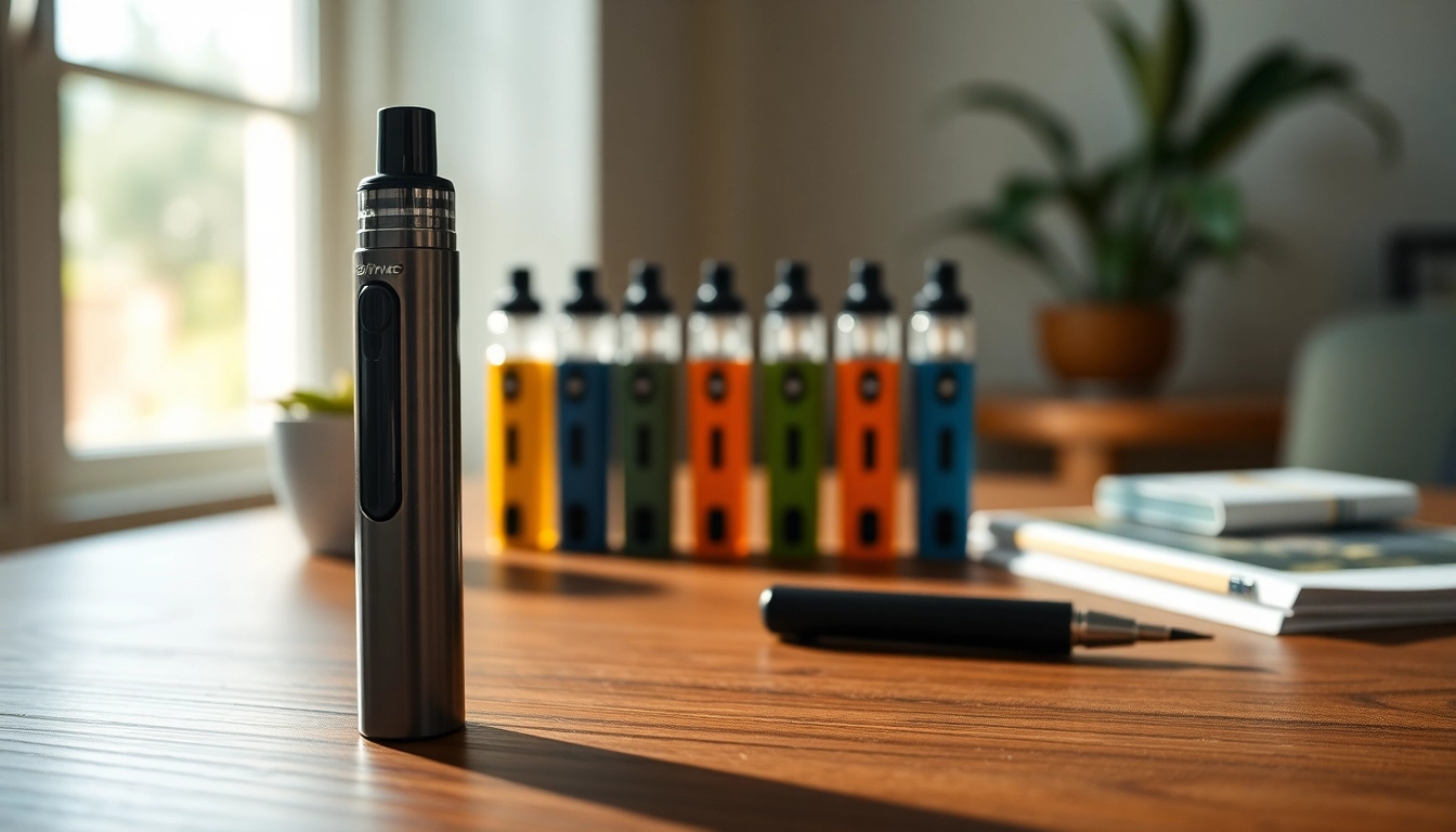Cannabis Vape setup highlighting a sleek vape pen with colorful cartridges on a wooden table.