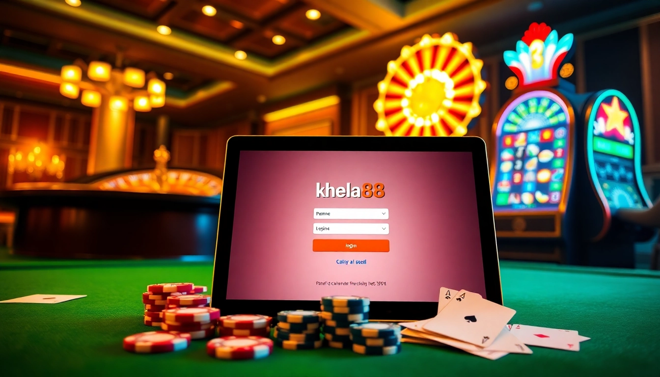 khela88 লগইন করুন on a sleek tablet amidst poker chips and a roulette wheel.