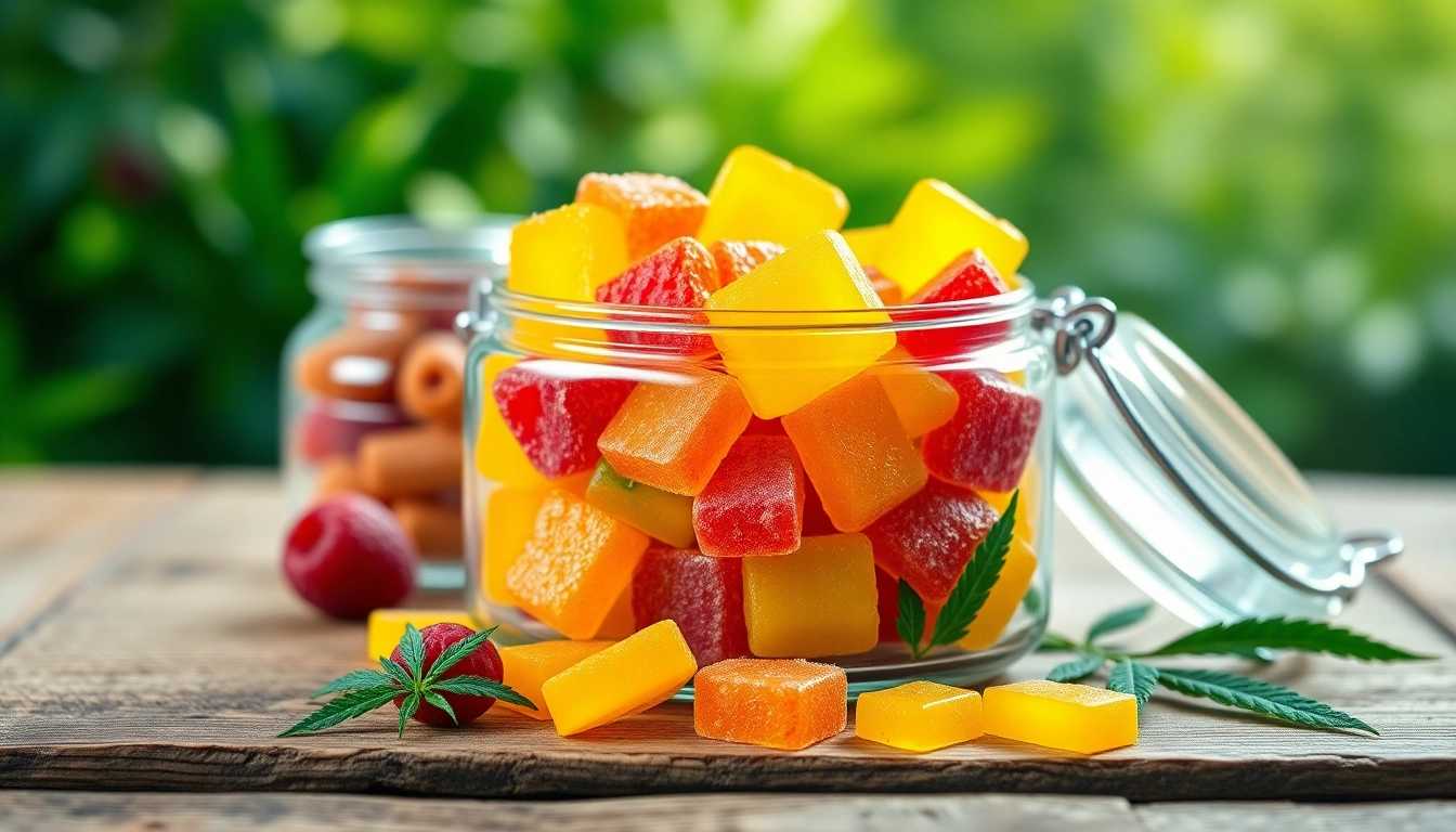 Enjoy vibrant Weed Gummies showcasing a variety of flavors in a glass jar on a wooden table.