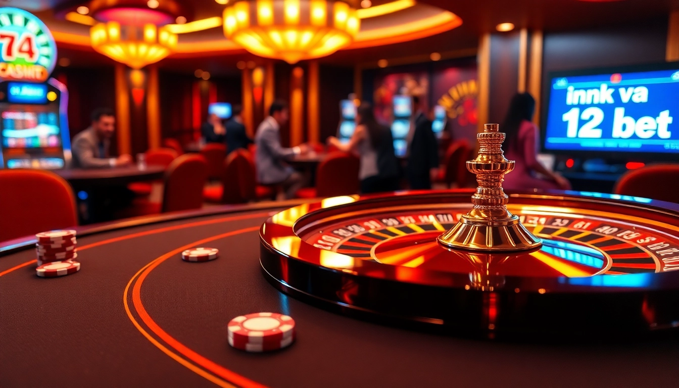 Captivating scene of a roulette table and poker chips representing ink vao 12bet.