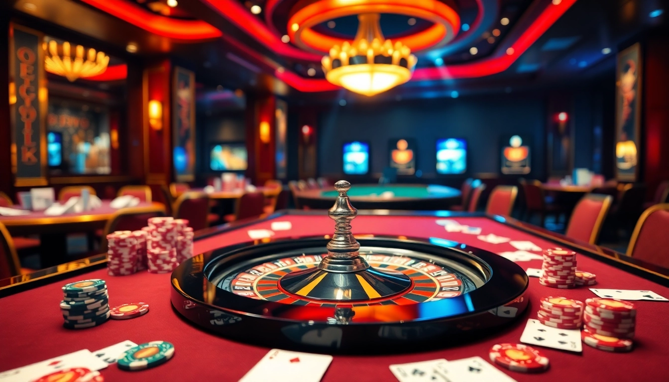 Experience the thrill of kkwin gaming with vibrant roulette and poker elements in a luxurious casino setting.
