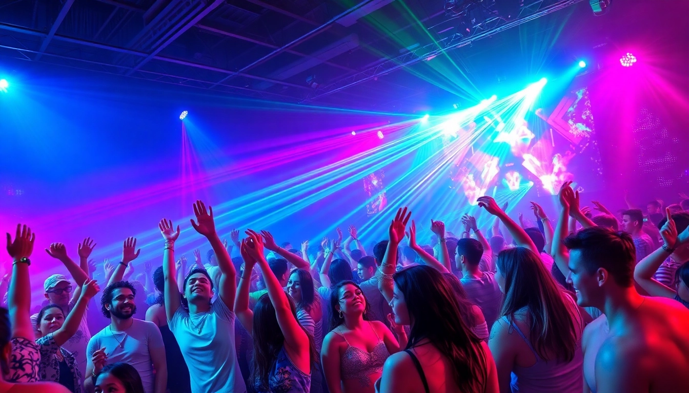Experience an energetic miami rave with vibrant crowds and colorful lights pulsing to the music.