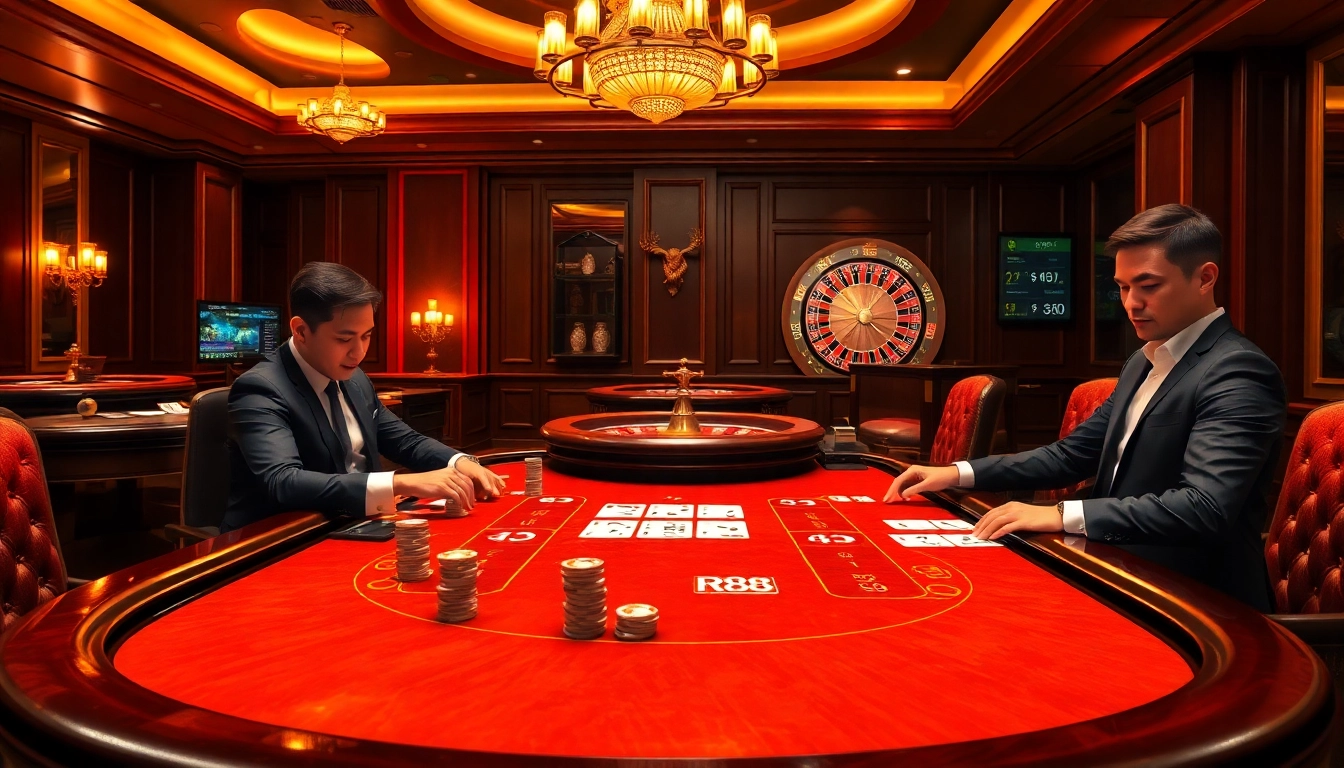 Experience the thrill of RR88 at a luxurious casino table with poker chips and warm lighting.