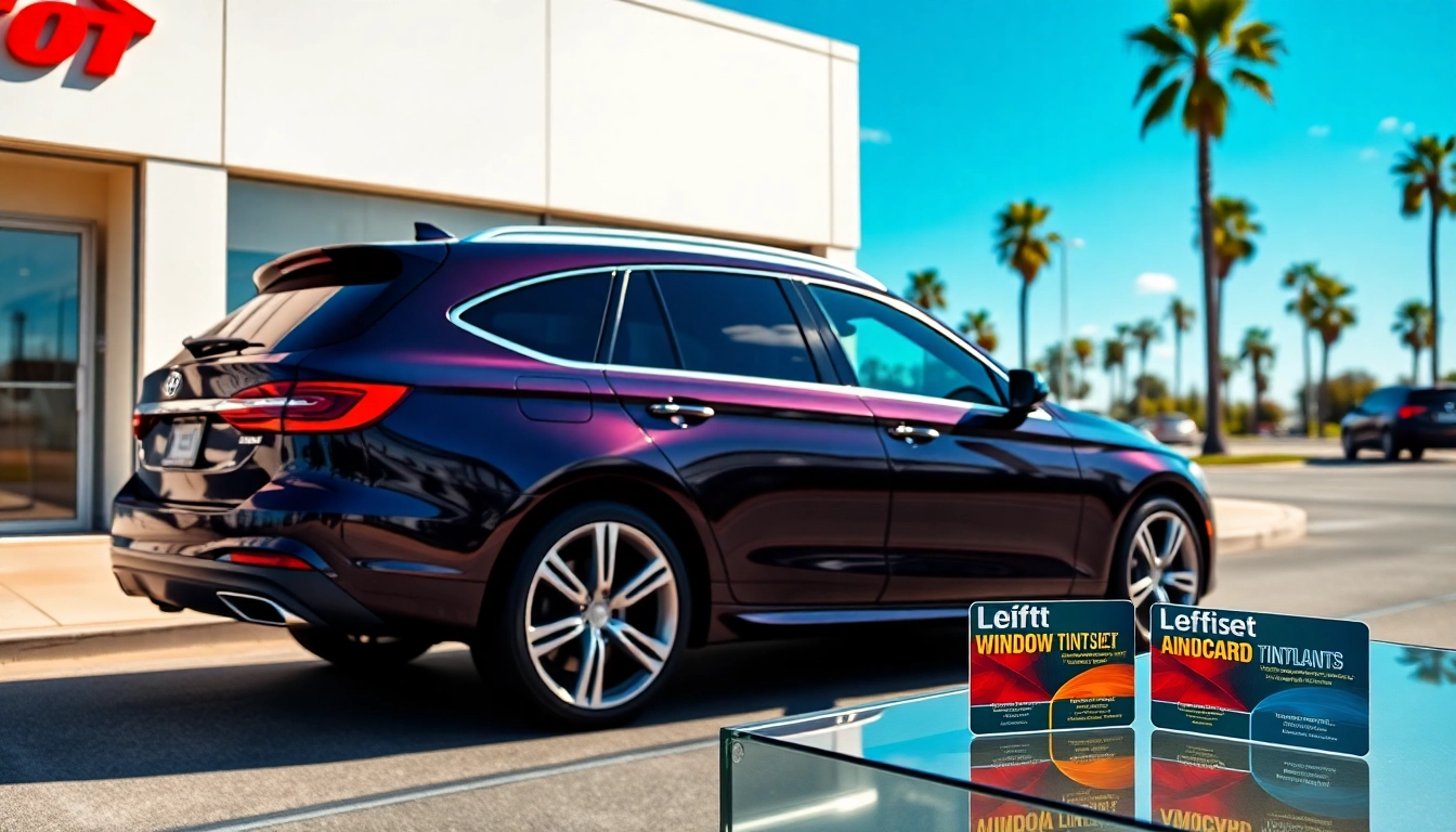 Promote the window tint gift card showcasing luxury vehicles and an inviting shop atmosphere.