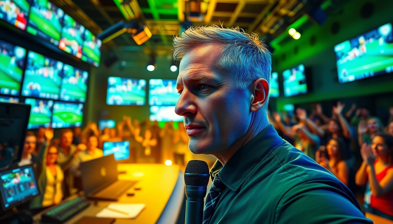 Engaging sports broadcasting scene showcasing a broadcaster in action