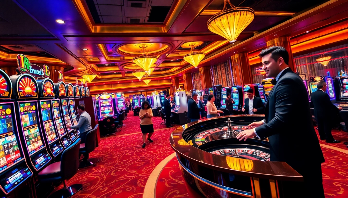 Players enjoying the excitement of idnslot games in a luxurious casino environment.